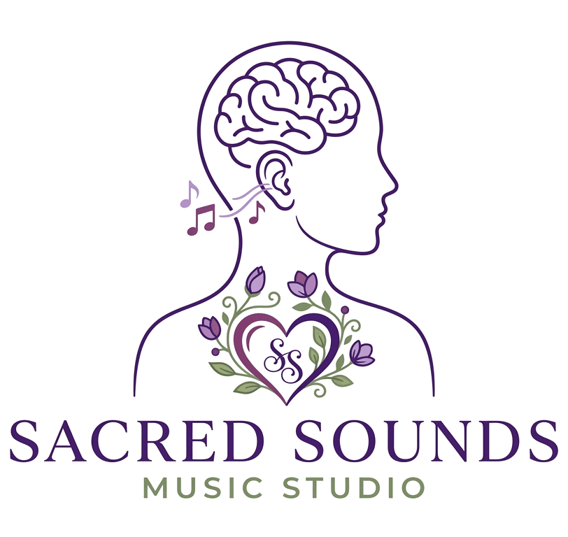 Sacred Sounds Music Studio logo — a profile with a brain, an ear catching music notes, and a heart wrapped in flowers